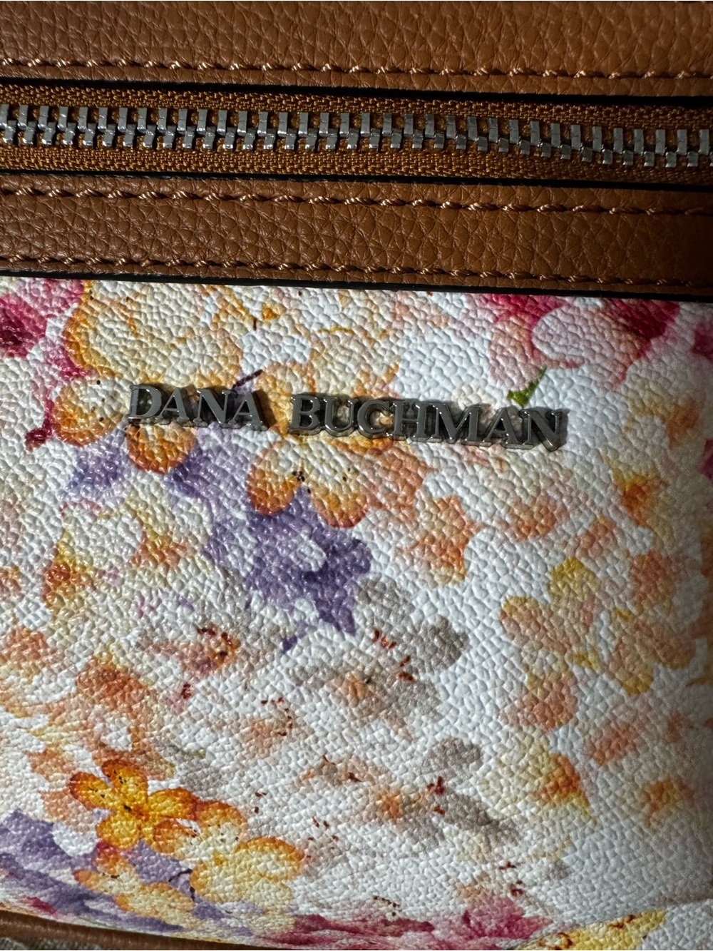 Dana Buchman Floral Tote with Tan Trim - White Multi